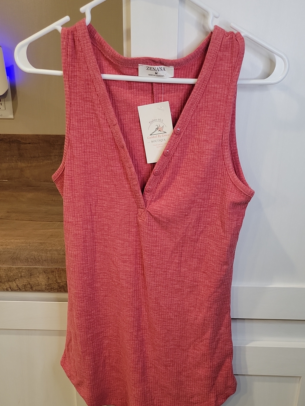 Zenana Outfitters Pink Ribbed V-Neck Button Tank